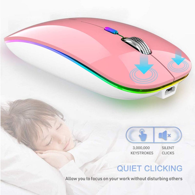 TENMOS Wireless Bluetooth Mouse, LED Slim (Bluetooth 5.1 + USB) 2.4GHz Rechargeable Silent Bluetooth Wireless Mouse with Type C Adapter for Laptop/MacBook/iPad OS 13 and Above (Pink) - Image 3